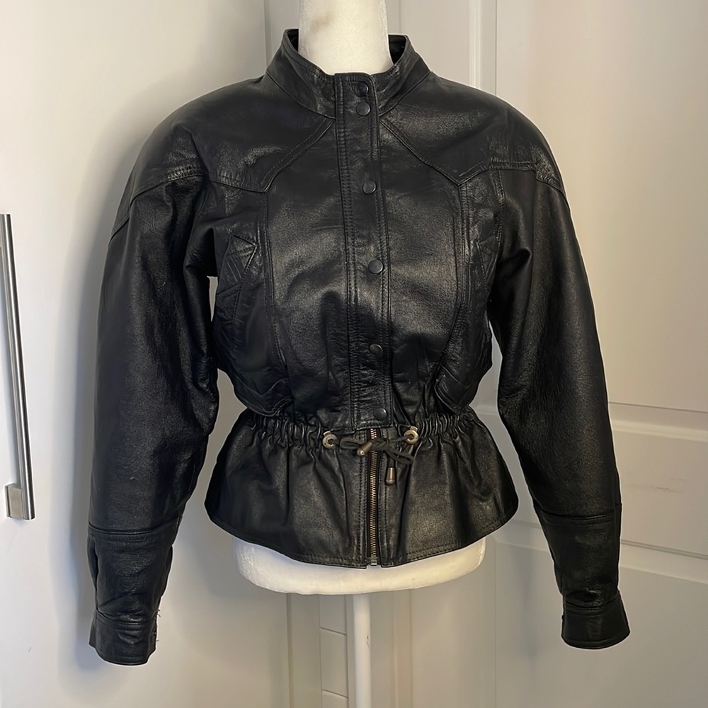 True Vintage Authentic Leather Jacket with Shoulder Pads and Cinched Waist